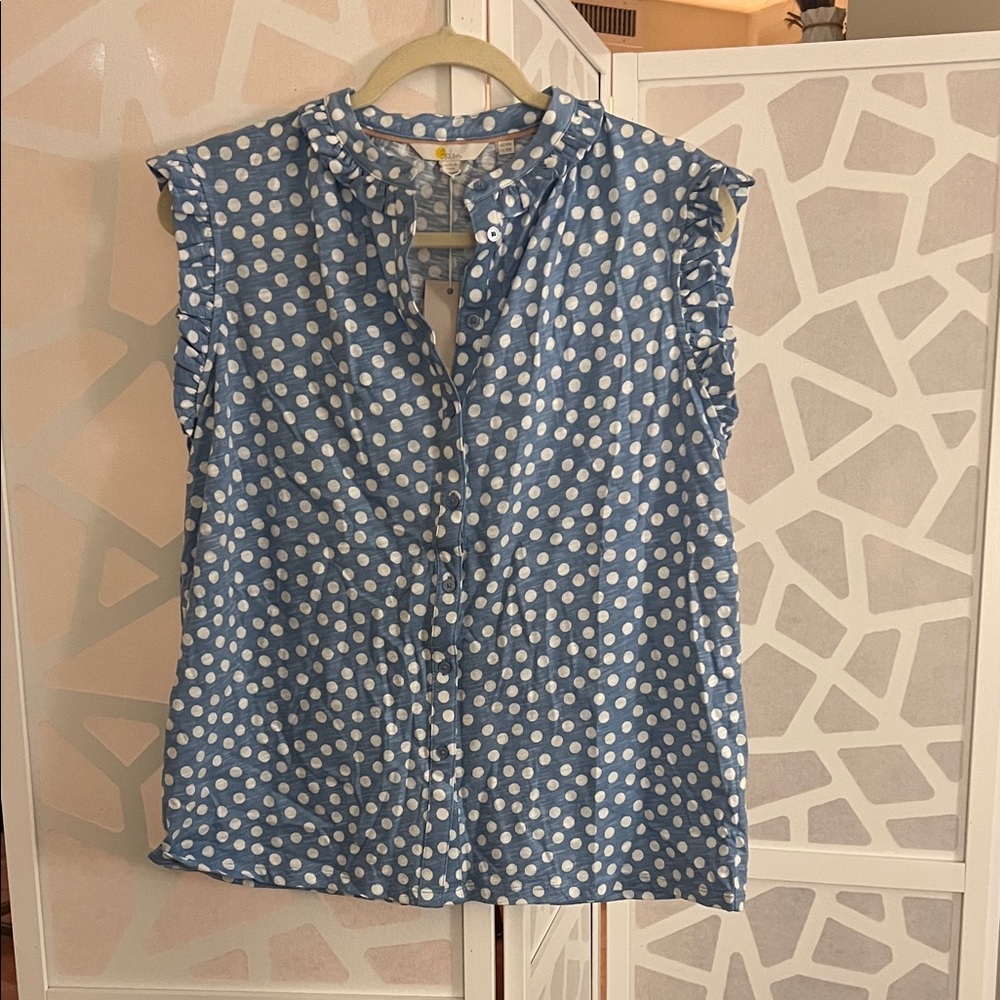 Boden Blue and White Polka Dot Ruffle Blouse